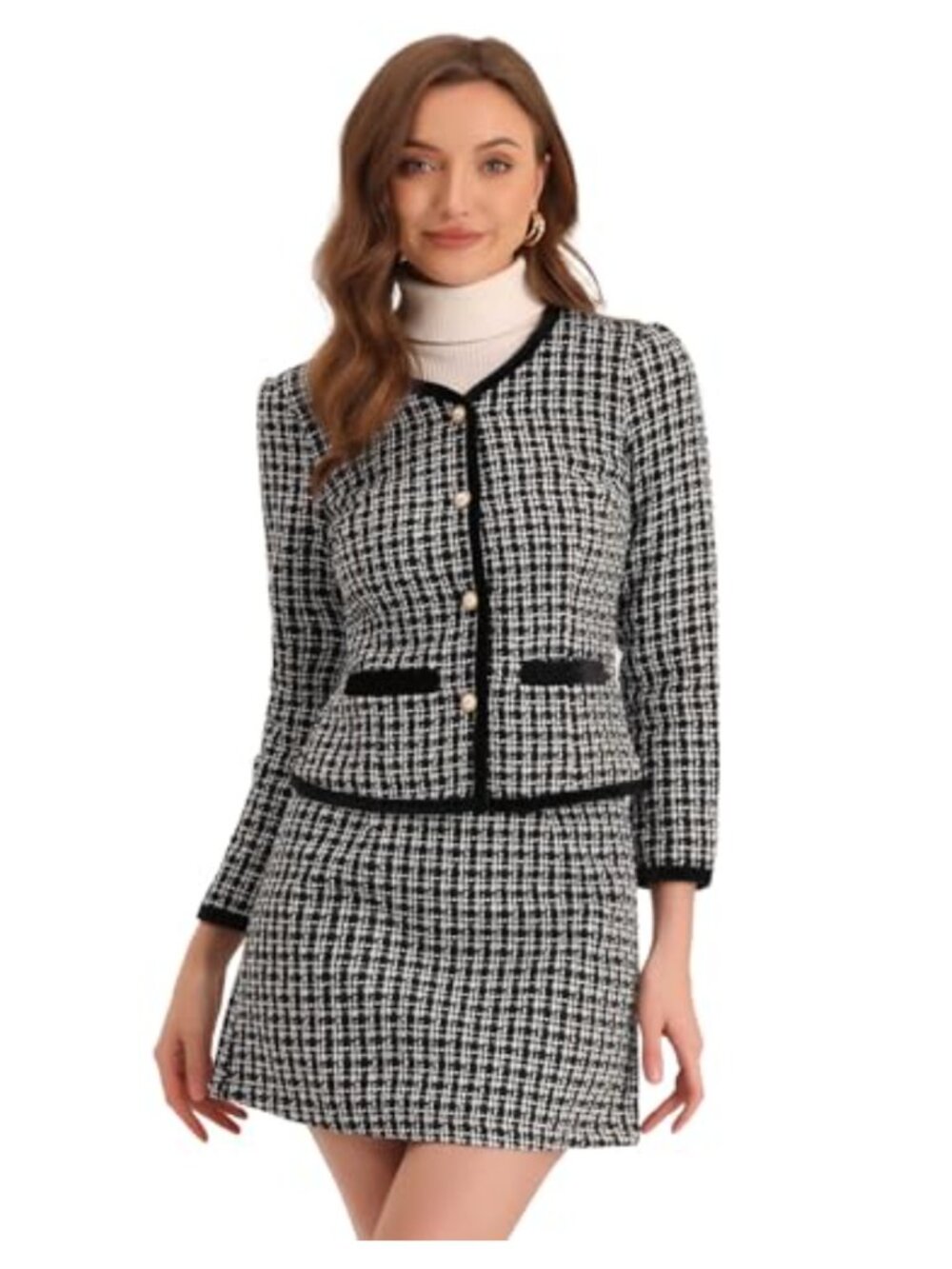 Women's Plaid Tweed 2-Piece Skirt Suit Crop Blazer Mini Skirt Set
